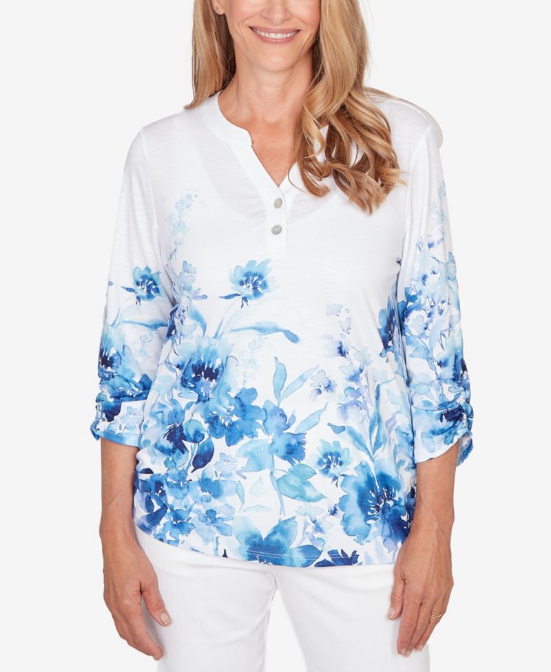 Women's Mykonos Watercolor Floral Border Henley Top