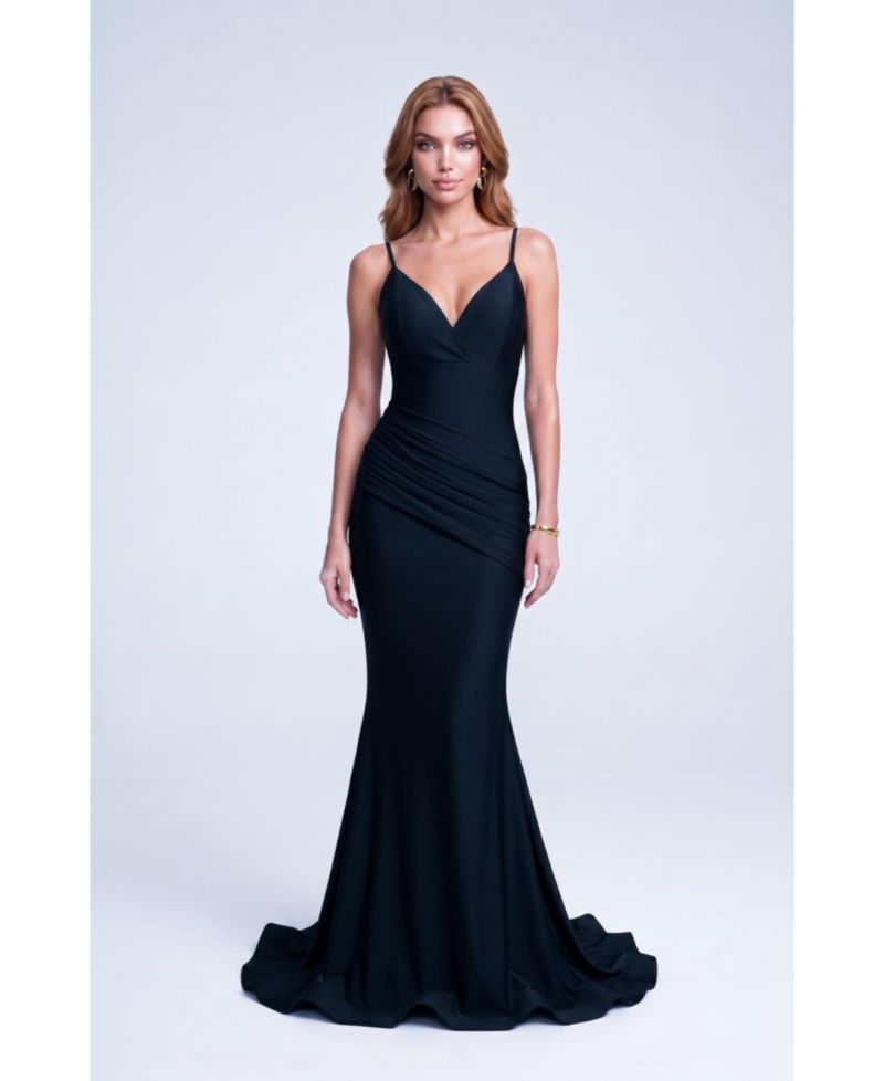 Women's Plunge-Neck Ruched Mermaid Gown