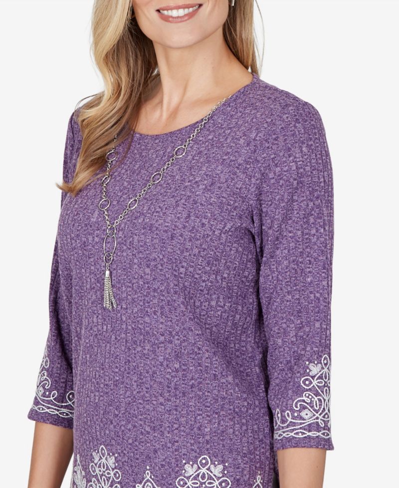 Petite 3/4-Sleeve Embroidered Side-Slit Blouse