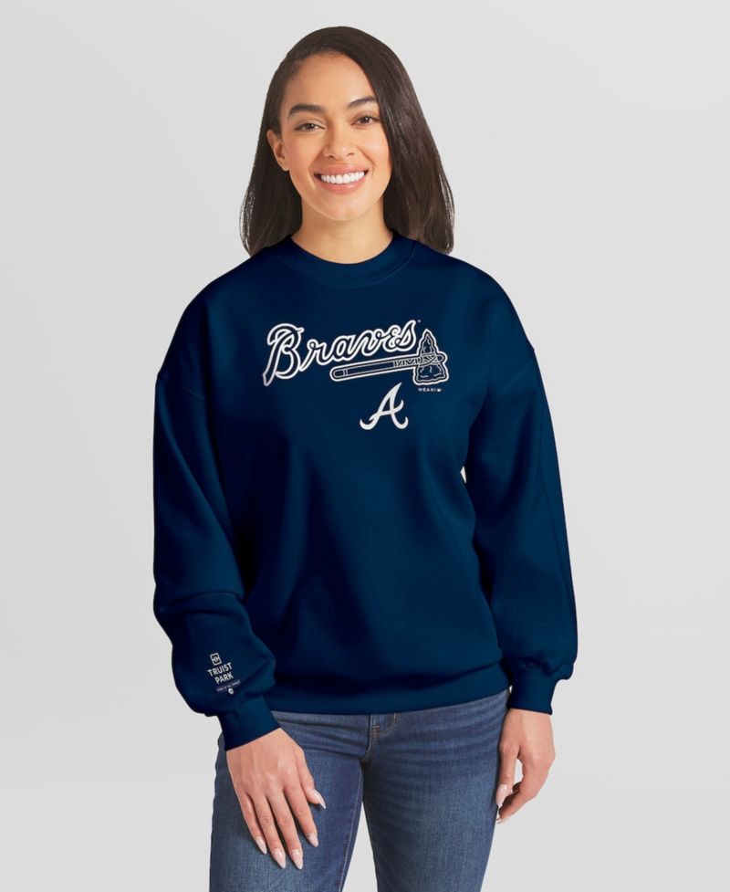 Women's Navy Atlanta Braves Heavyweight Crew Neck Sweatshirt