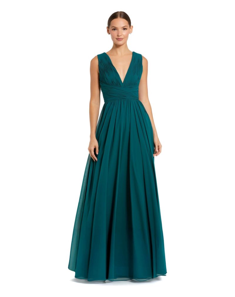 Women's Sleeveless Ruched V Neck Chiffon Gown