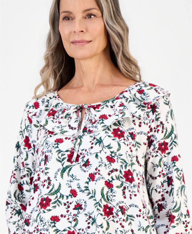 Women's Long-Sleeve Cotton-Blend Flannel Nightgown with Pockets