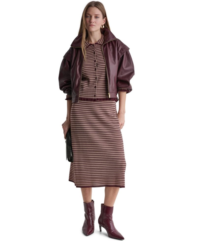 Women's High-Waisted Plaid Knit Midi Skirt