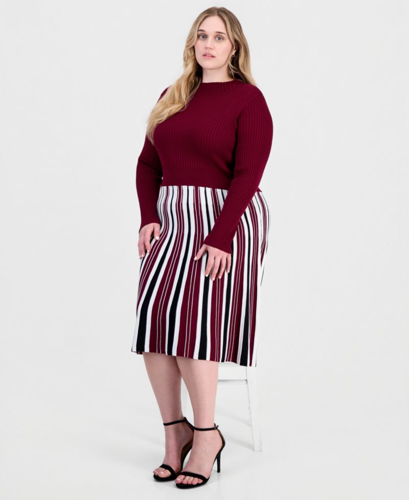 Plus Size Mock-Neck Long-Sleeve A-Line Midi Dress