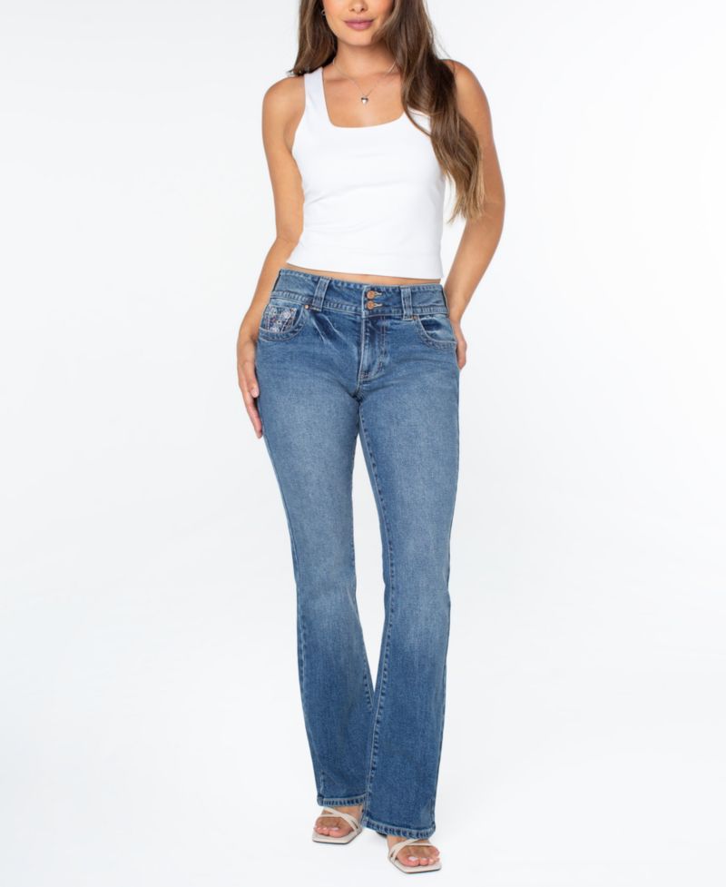 Juniors' Embroidered Flap-Pocket Flare-Leg Jeans