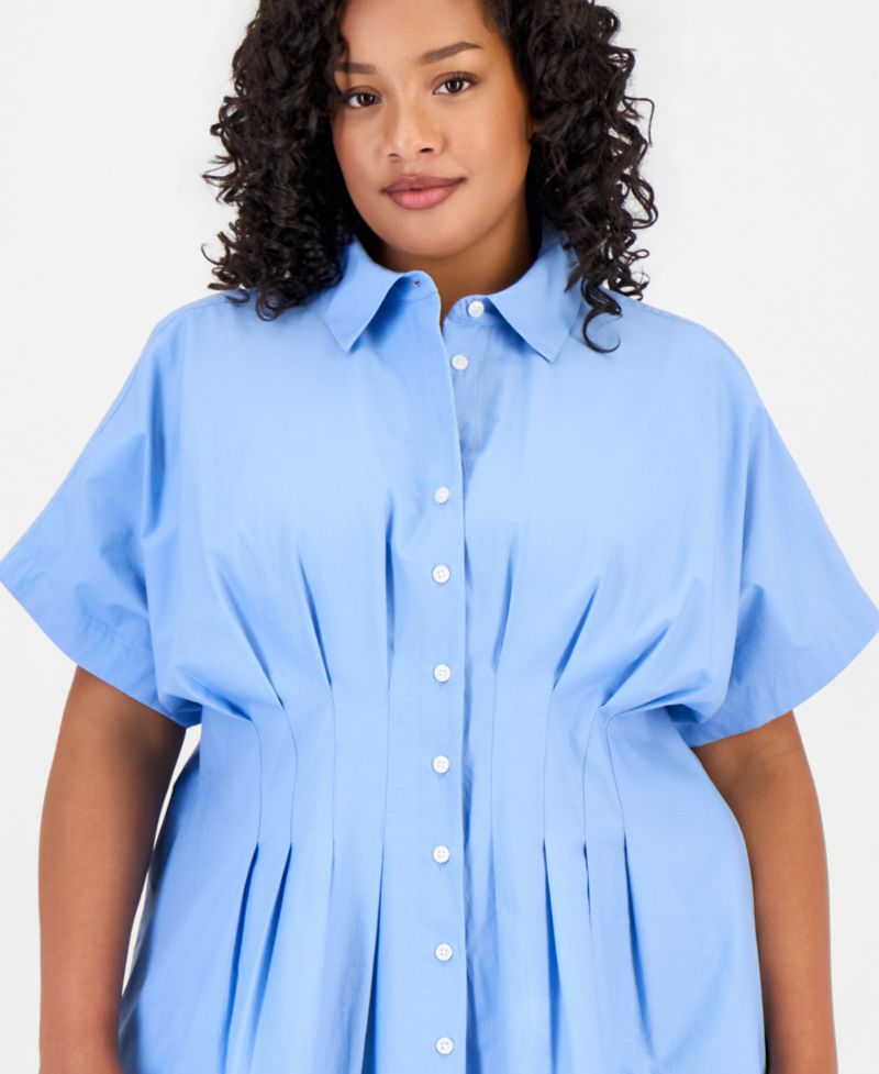 Trendy Plus Size Lotus Sprigs Cutwork Mini Shirtdress