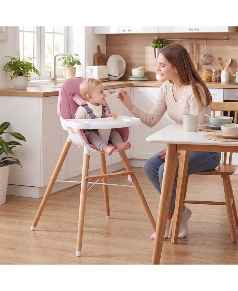 Wooden Baby High Chair with Dishwasher-Safe Tray and 5-Point Harness