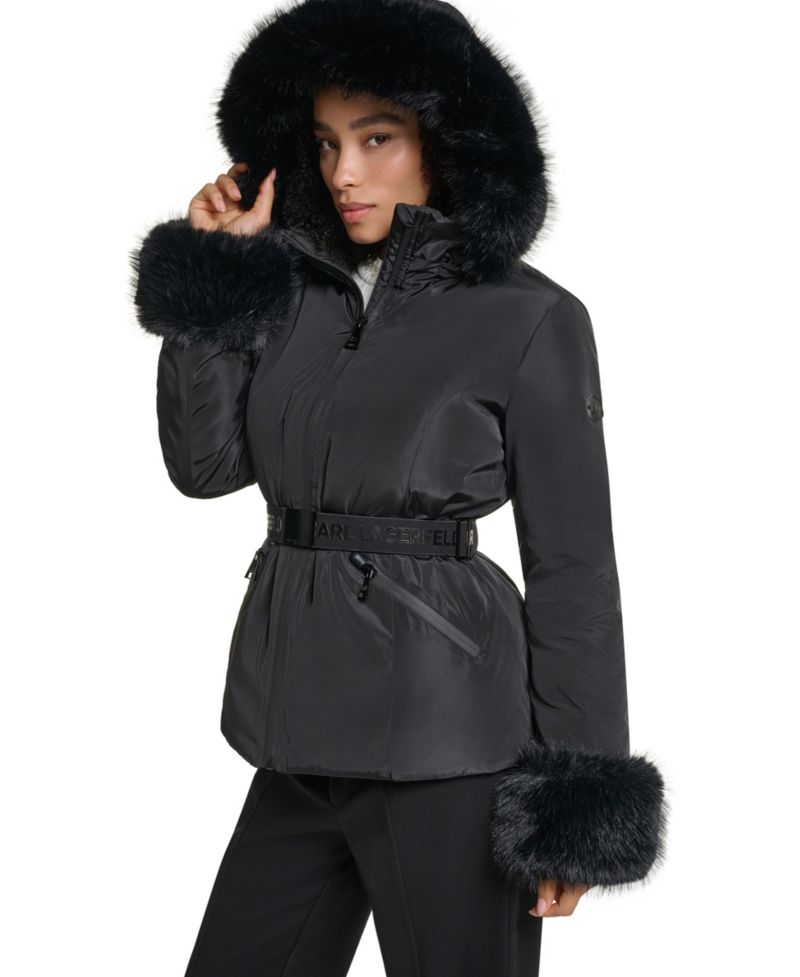 Women's Faux-Fur Trim Cuff and Hood Belted Puffer Jacket