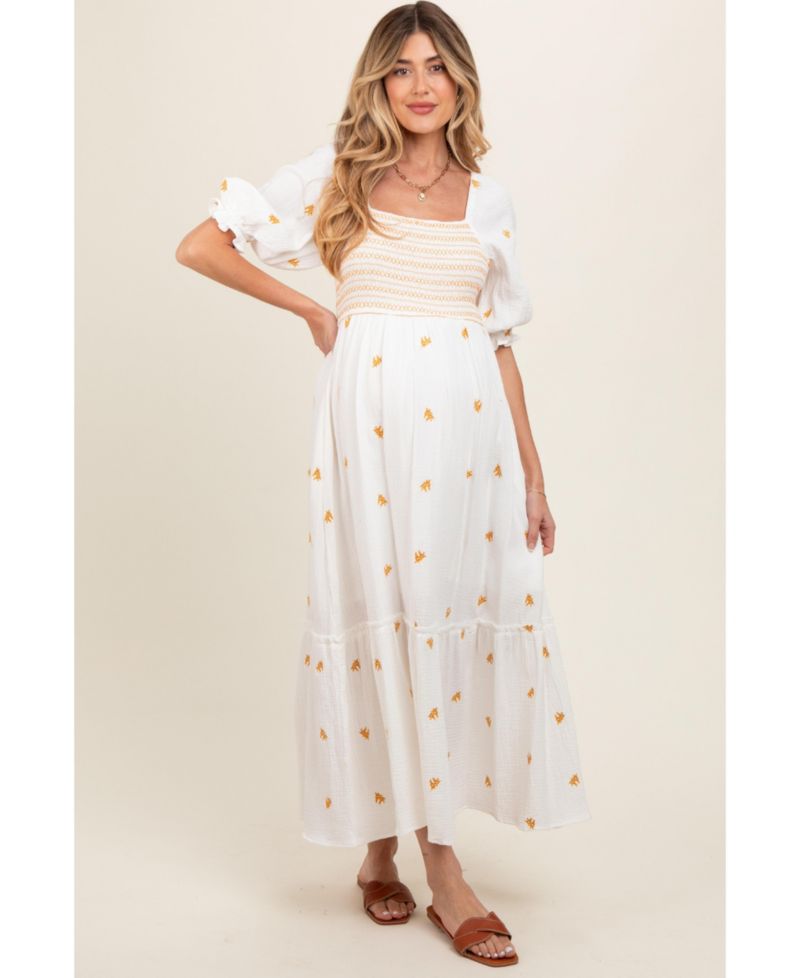 Women's Ivory Gauze Smocked Embroidered Square Neck Midi Dress