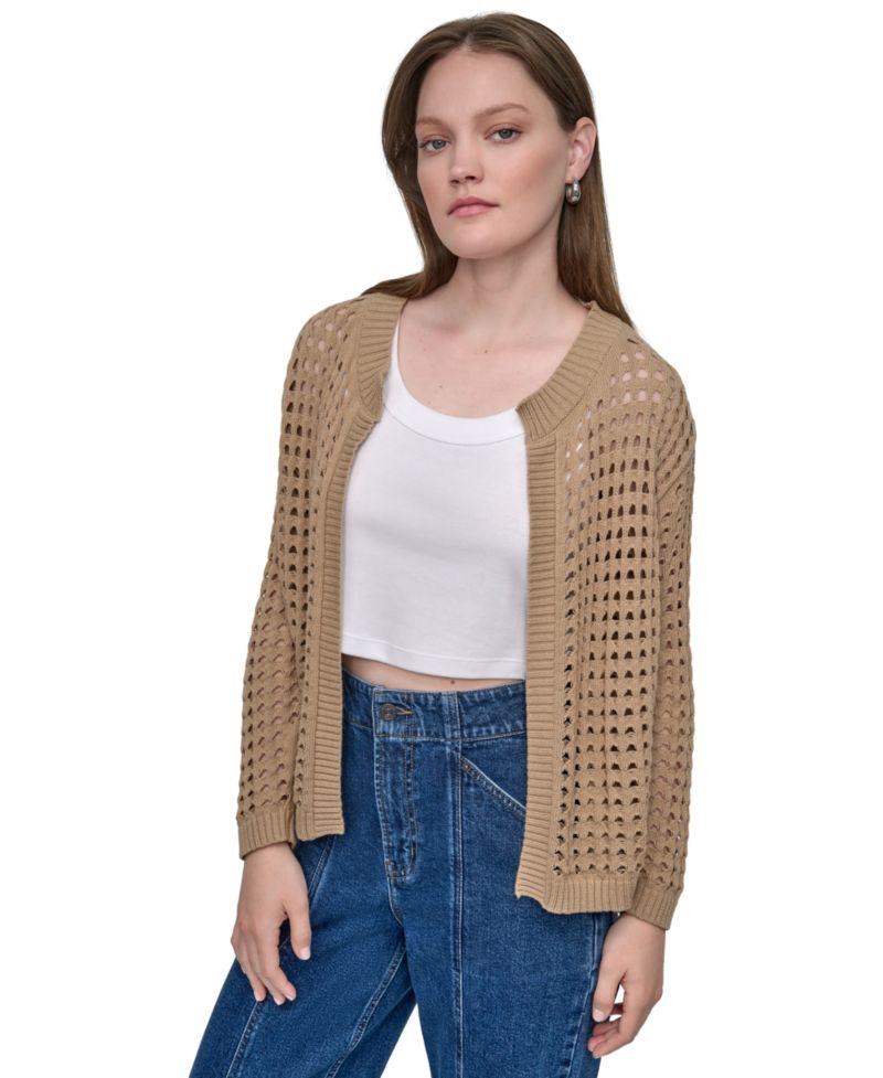 Women's Open-Stitch Drop-Shoulder Cardigan Sweater