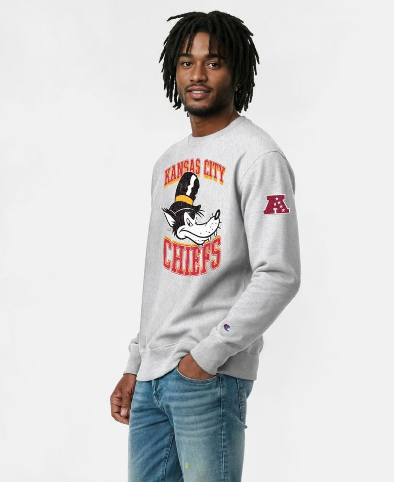 Men's Silver Kansas City Chiefs Disney X Champion Reverse Weave Fleece Crewneck Sweatshirt