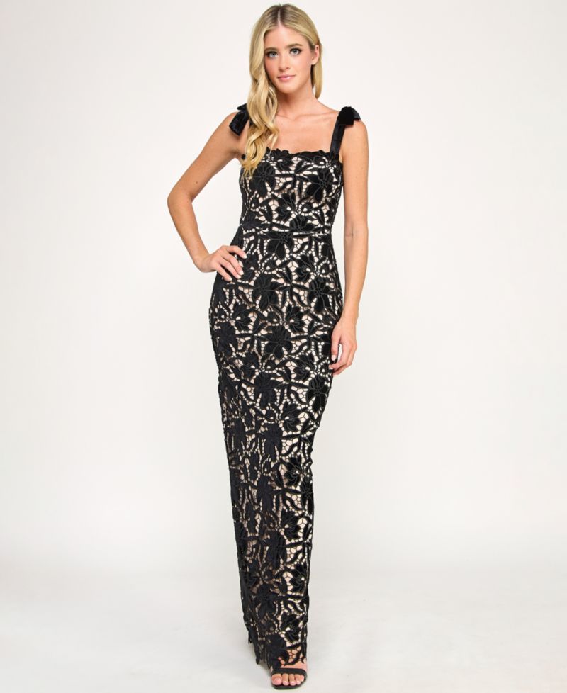 Juniors' Laser Cut Velvet Long Gown