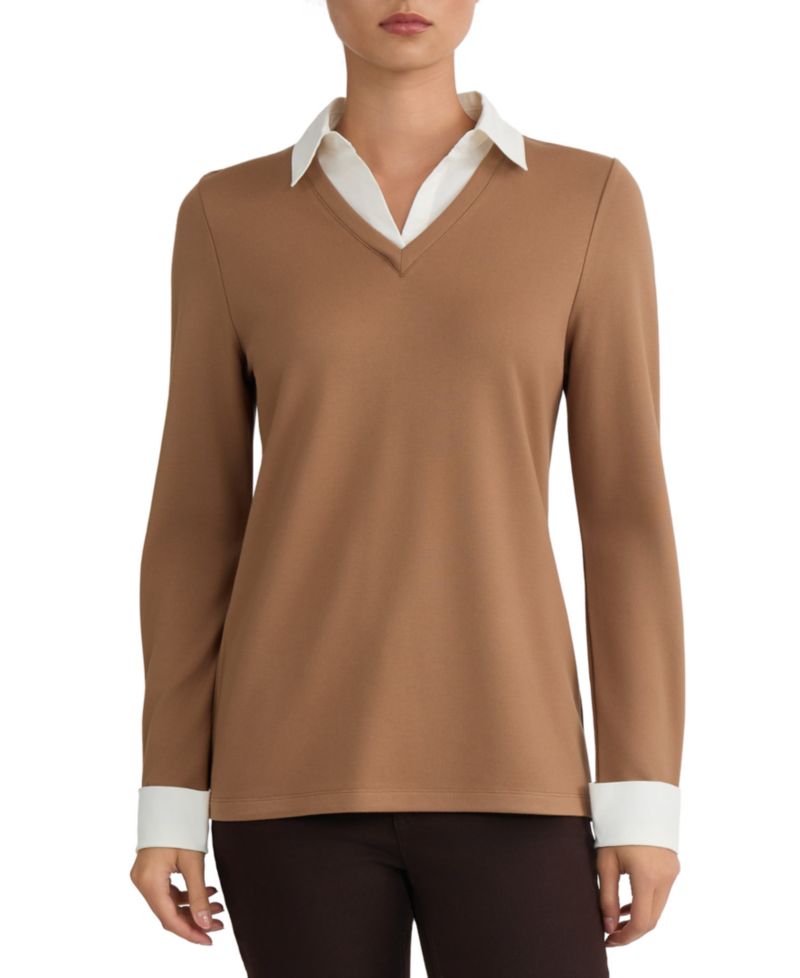 Women's Collared Long-Sleeve Poplin Combo Trim Sweater