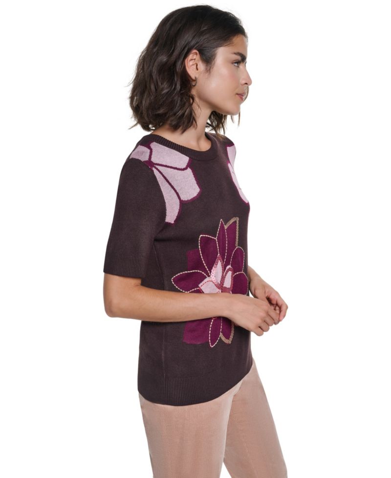 Petite Floral-Print Short-Sleeve Embellished Sweater