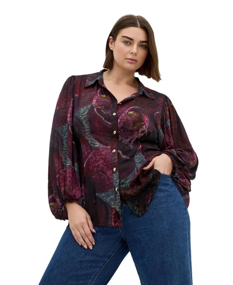 Plus Size Piper Floral-Print Long-Sleeve Collared Blouse