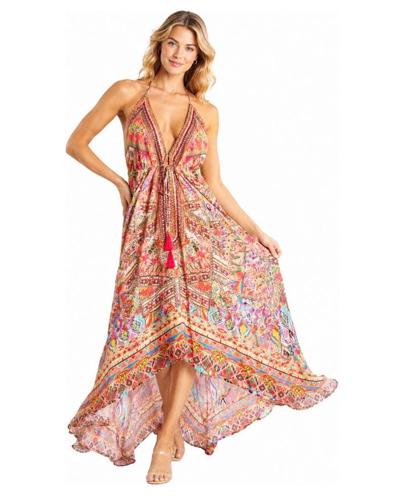 Women's Halter-Plunge High-Low Maxi Dress