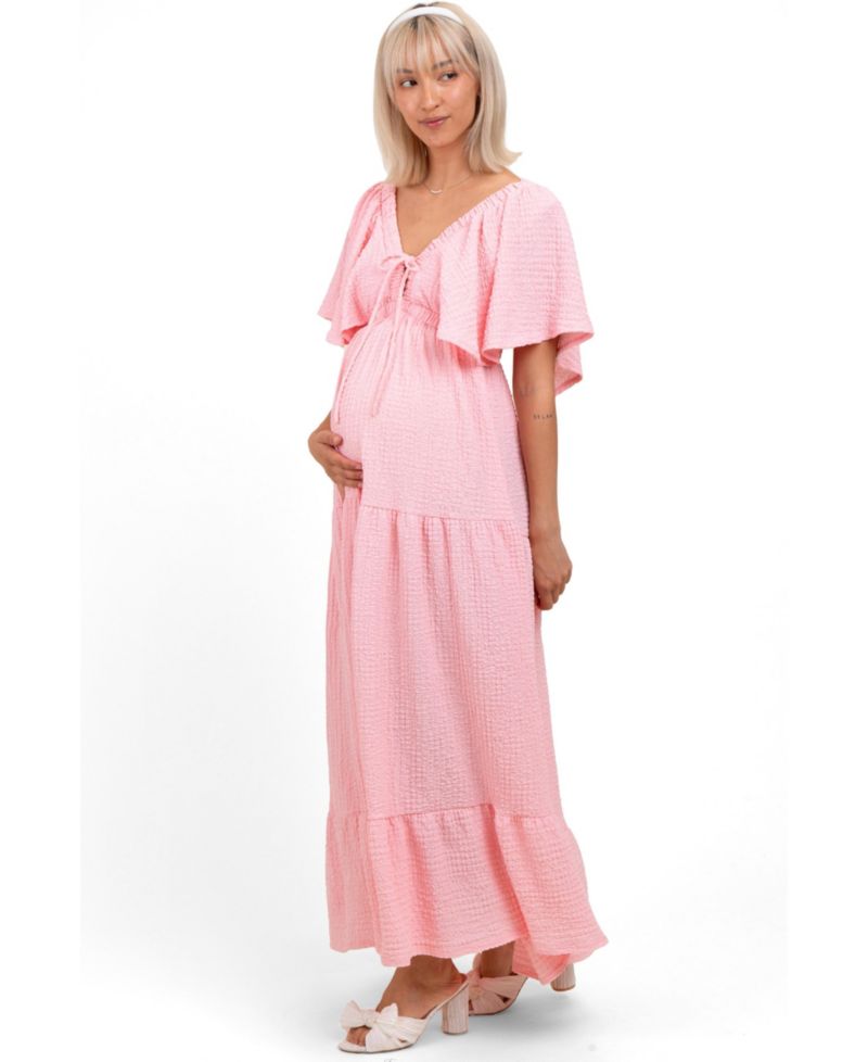 Women's Light Pink Woven Textured Flutter Sleeve V-Neck Tiered Maxi Dress