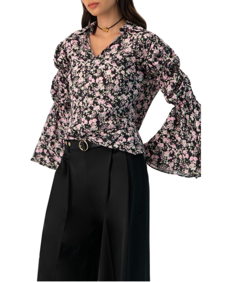 Women's Collared Long Sleeve Floral Print Blouse