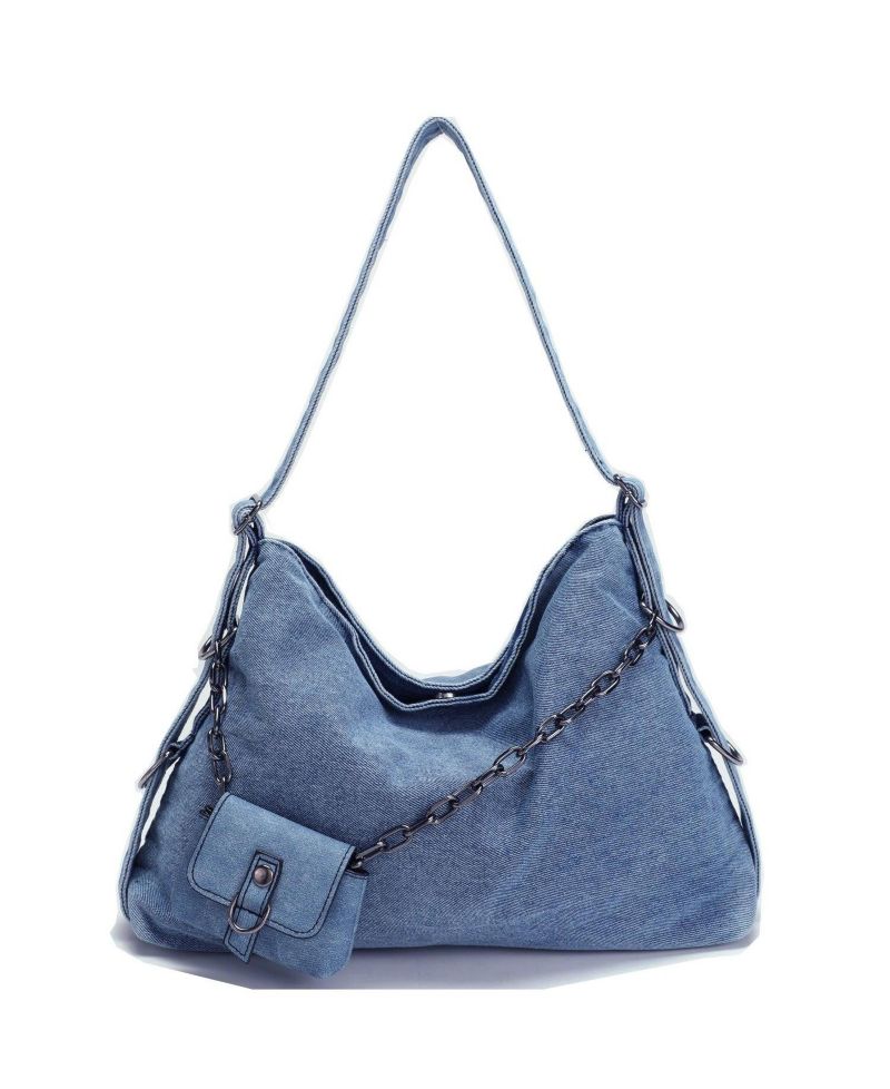 Women's Drift Hobo Bag Slouchy Shoulder Bag Crossbody Purse Casual Washed Denim Handbag with Chain Accent