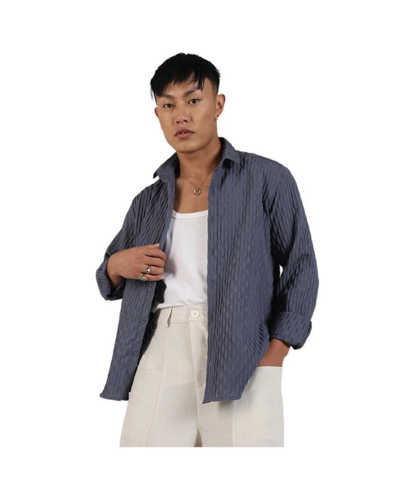 Men's Prussian Blue Crinkled-Weave Shirt