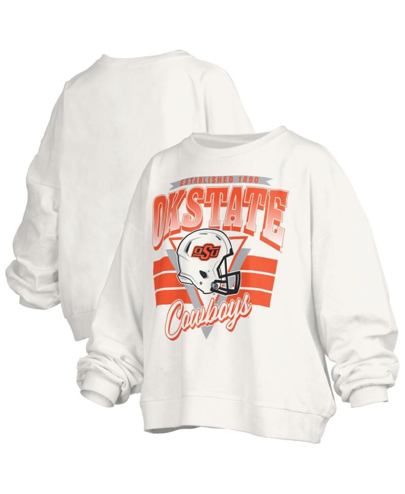 Women's White Oklahoma State Cowboys Oversized Janice Retro Waist-Length Pullover Sweatshirt
