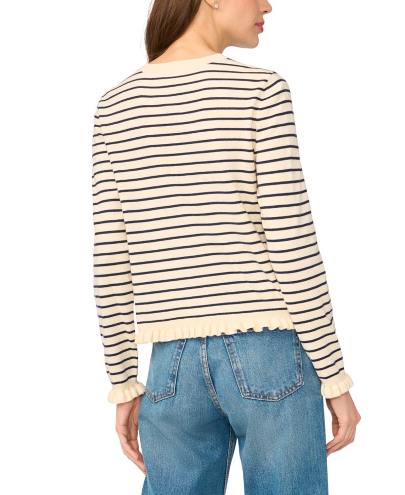 Women's Stripe Crew Neck Cardigan Sweater with Ruffle Trim