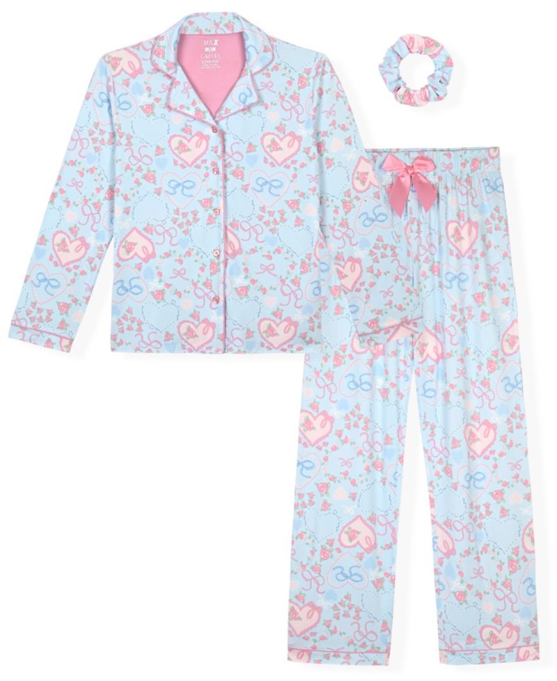 Girls' 7-16 Milky Print Coat Pajama with matching Scrunchie, 3-Piece Set