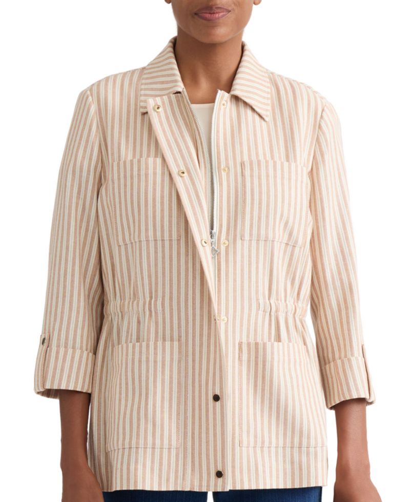 Women's Herringbone-Stripe Cotton Patch-Pocket Anorak Jacket