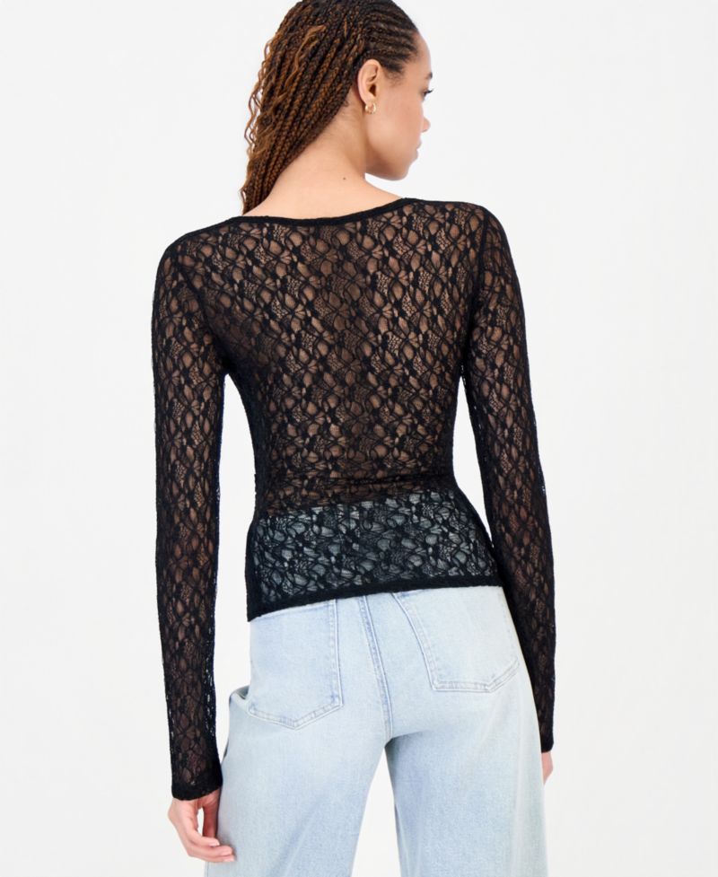 Juniors' Lace Surplice Wrap Long-Sleeve Top