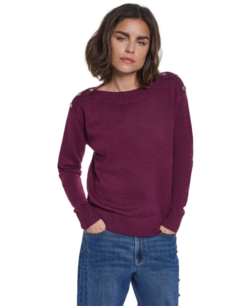 Women's Button Shoulder Boat Neck Long-Sleeve Sweater