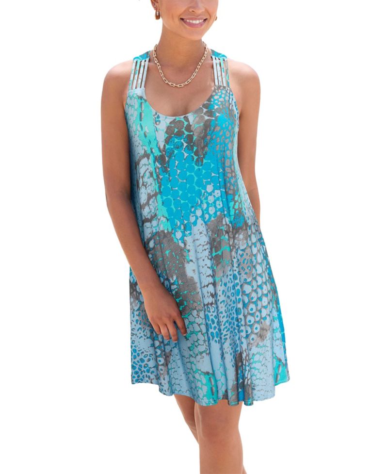 Women's Viscose Printed Strappy Detail Racerback Scoop-Neck Short Dress