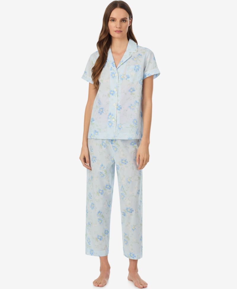 Women's Notch Collar Top and Cropped Pajama Pants, 2-Piece Set