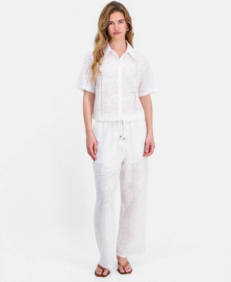 Petite Cotton Embroidered Eyelet Wide-Leg Pants