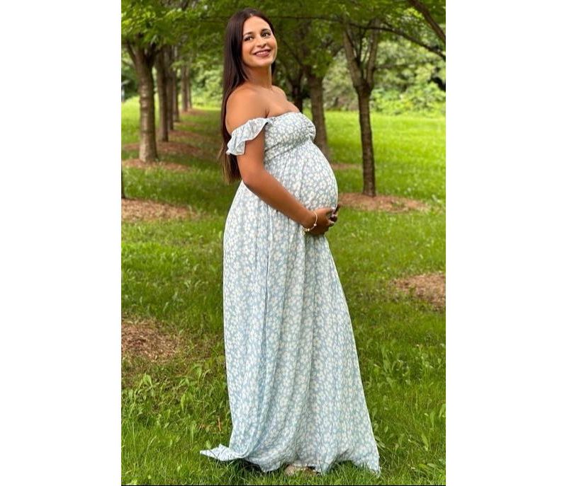 Women's Light Blue Floral Chiffon Sweetheart Neck Off Shoulder Maxi Dress