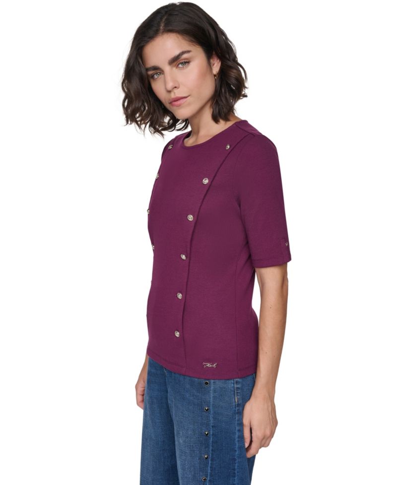 Petite Short-Sleeve Crewneck Ribbed-Knit Cotton-Blend Sweater