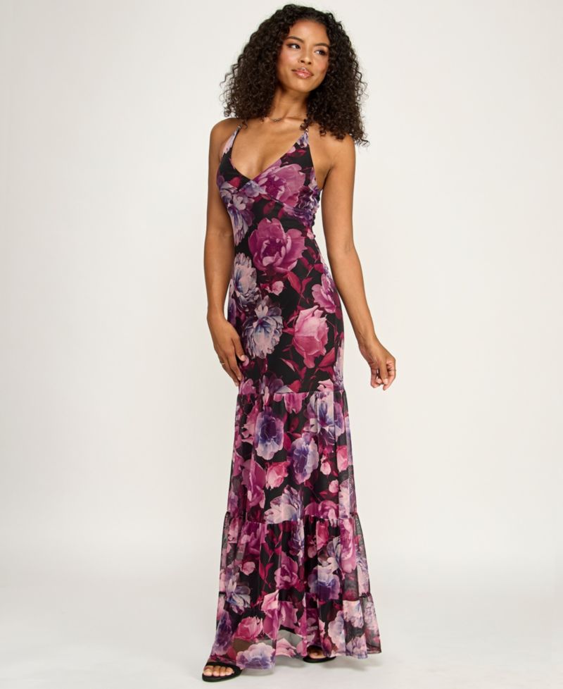 Juniors' Printed Mesh Halter Dress