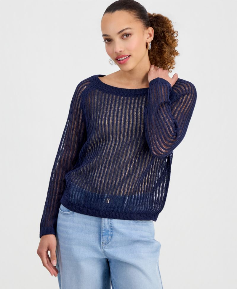 Petite Open-Knit Boat-Neck Sweater