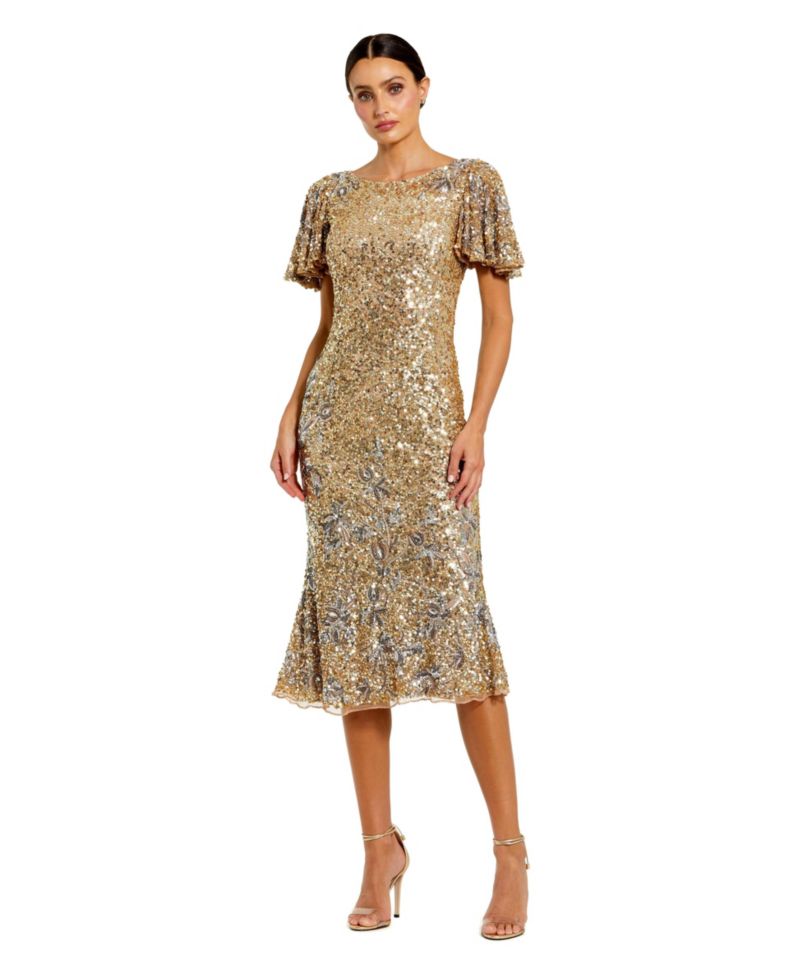 Women's Flutter Sleeve Floral Embellished Sequin Midi Dress
