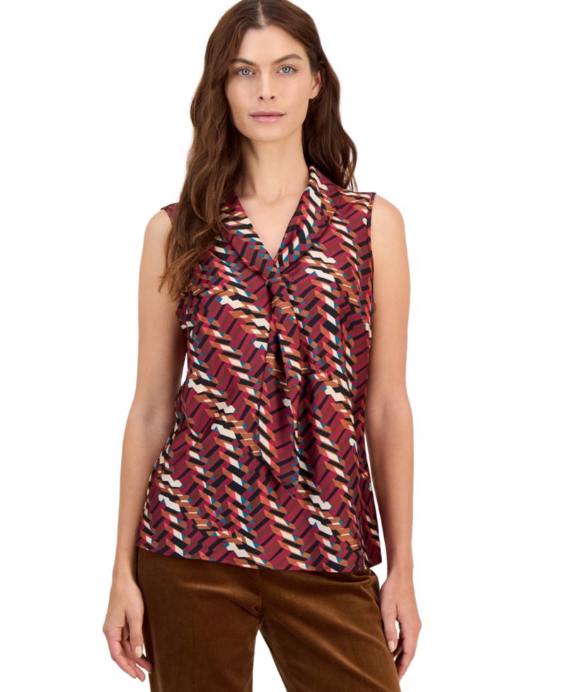 Plus Size Sailor Tie Sleeveless Geometric-Print Blouse