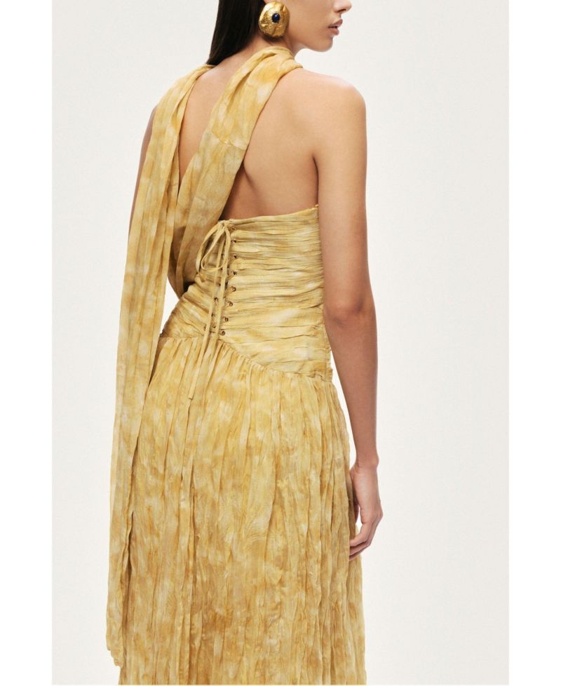 Women's Strapless A-Line Ruched Corset Bodice Viscose-Blend Midi Dress