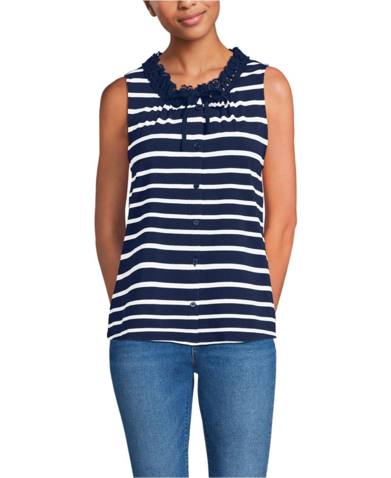 Women's Lightweight Jersey Button Front Lace Trim Tank