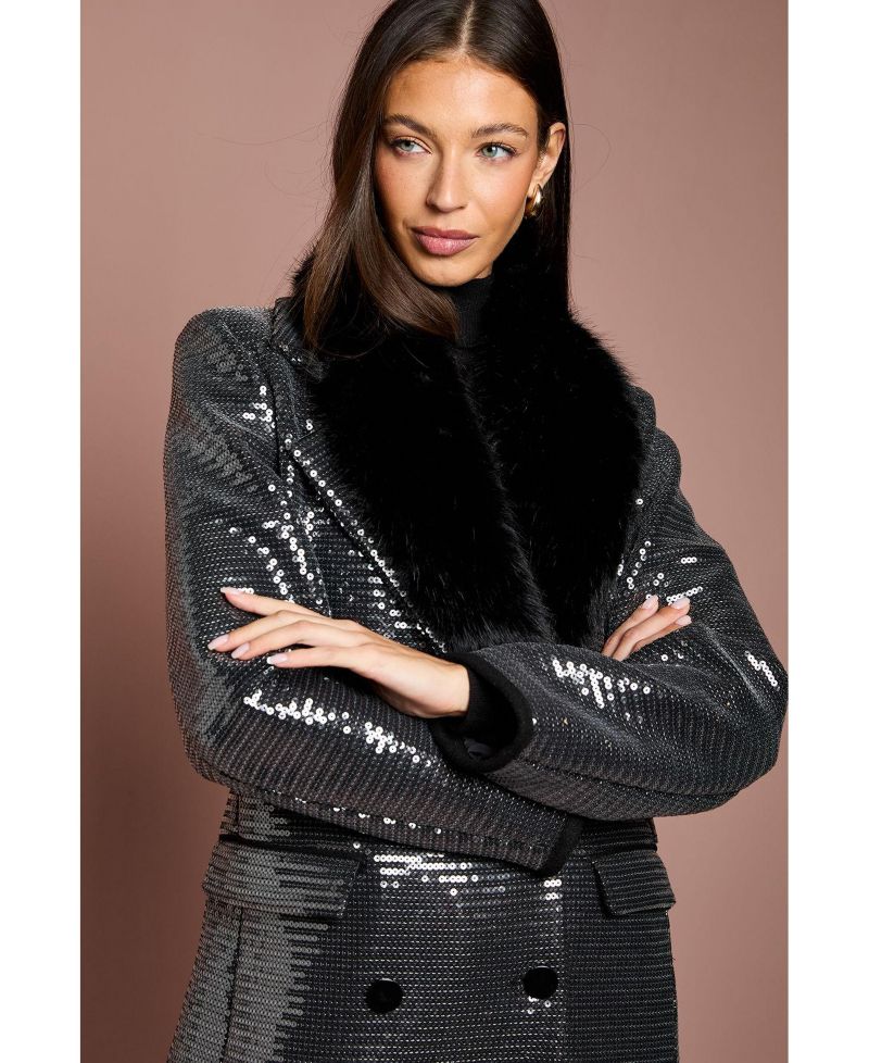 Women's Faux Fur Collar Sequin Longline Coat