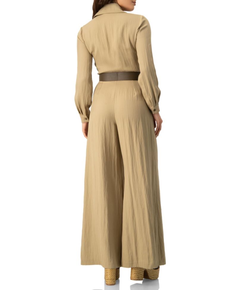 Women's Long Sleeve Button-Front Safari Utility Wide-Leg Jumpsuit