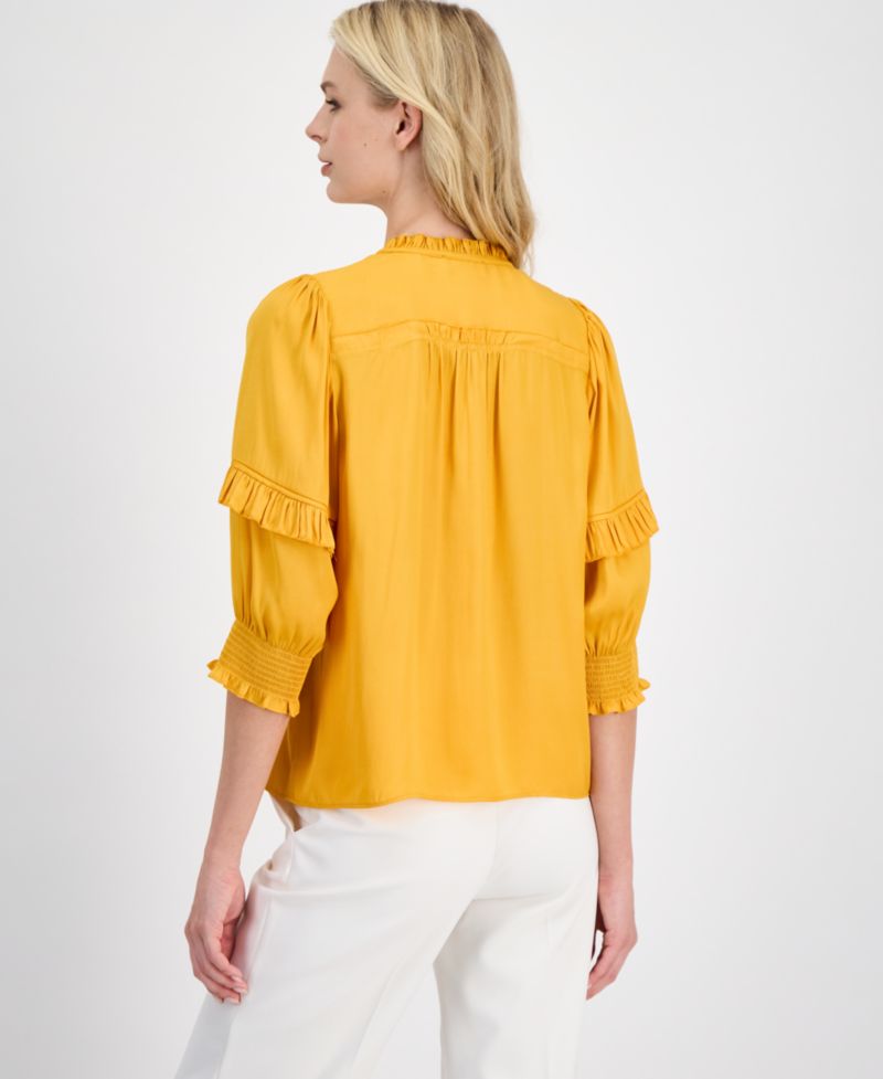 Women's Smocked Ruffle-Trim Elbow-Sleeve Top