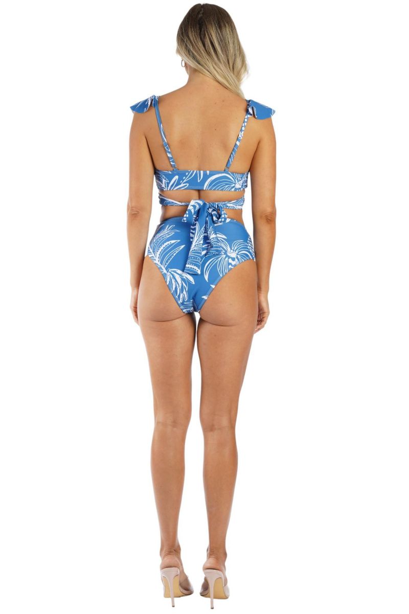 Women's Blue Tropical Ruffle Bikini Set - V-Neck Wrap Top and High-Waisted Bottom Luxury Resort Swimwear