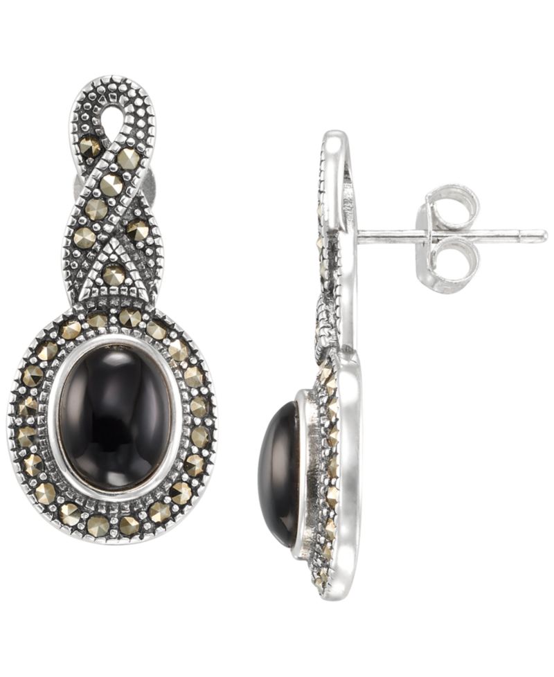 Marcasite (0.59 ct. t.w.) and Onyx (1-1/4 ct. t.w.) Drop Earrings in Sterling Silver