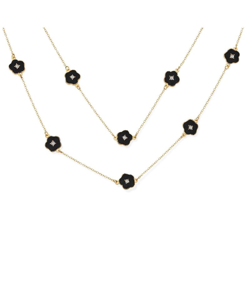 Long Crystal Enamel Rose Flower Double Wrap Clover Necklace Gold Tone 36"