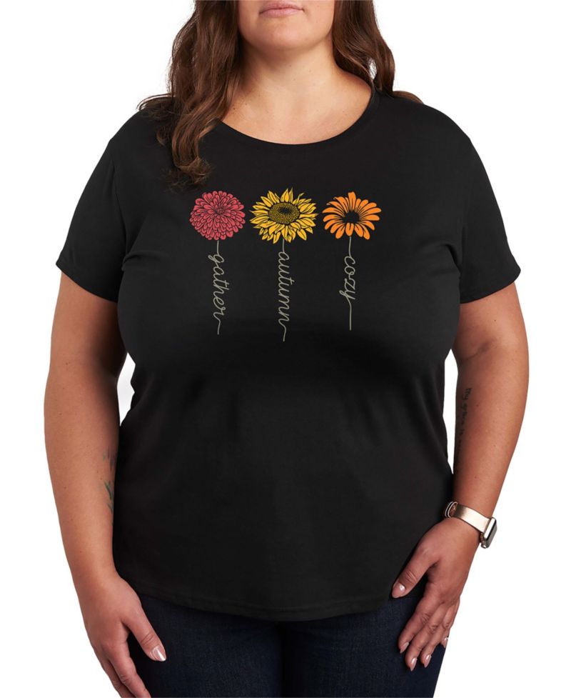 Plus Size Gather Autumn Flowers Women's Short Sleeve Graphic T-shirts