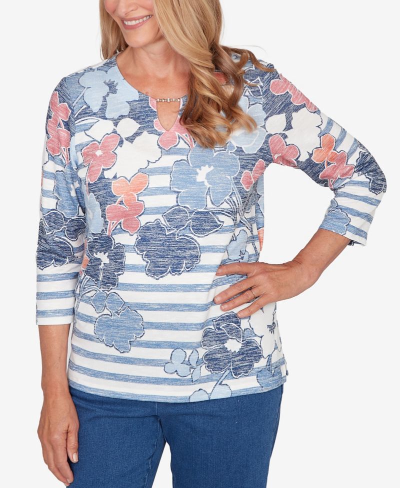 Petite Austin Stripe Floral Split Neck Knit Top