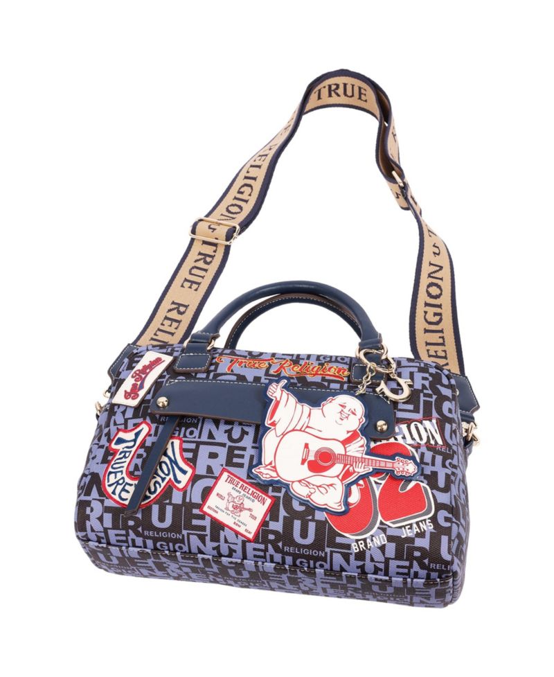 Women's Multi Patch Graphic Satchel Bag with Detachable Guitar Buddha Charm - Convertible Crossbody Handbag